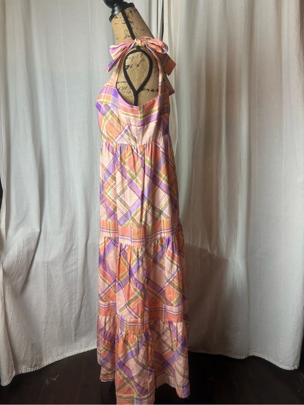 Anthropologie Kachel Tie Strap Linen Maxi Dress Pink Peach Purple Plaid Sz M